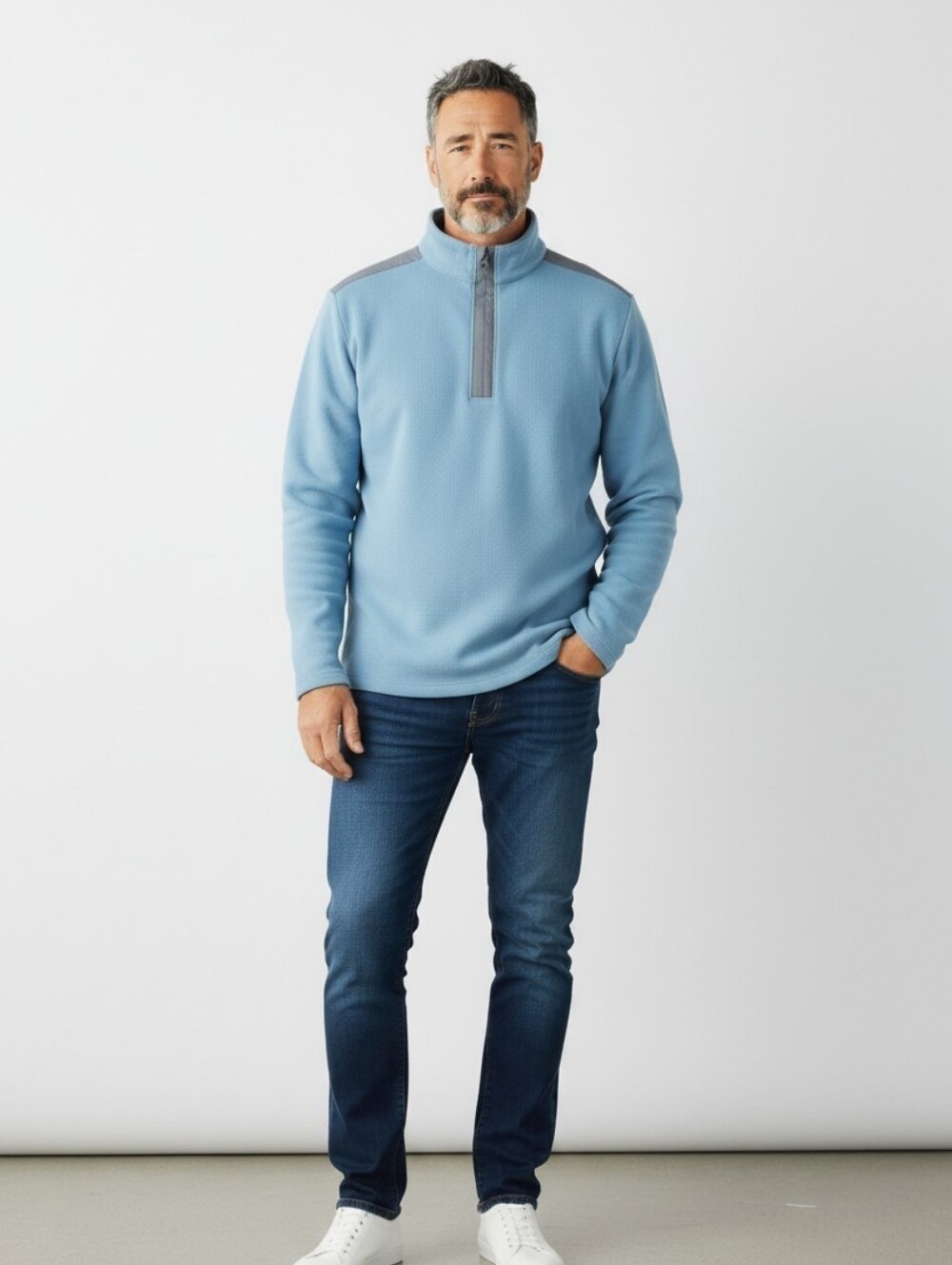 Boss Light Blue Quarter-Zip Pullover with Navy Placket